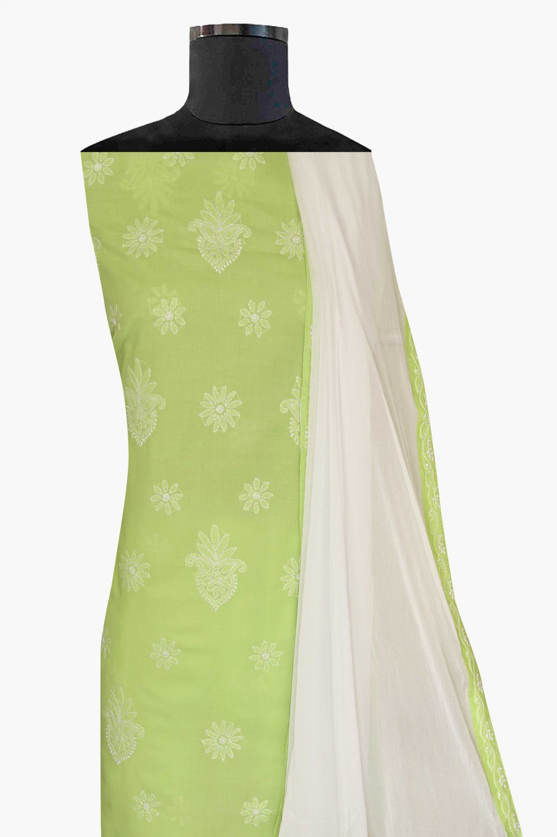 Ada Hand Embroidered Green/White Cotton Lucknowi Chikankari Unstitched Suit Piece A211201