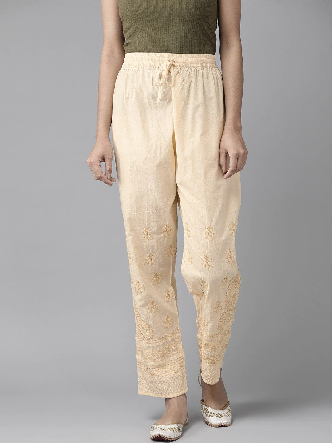 Ada Hand Embroidered Fawn Cotton Lucknowi Chikankari Palazzo A711132