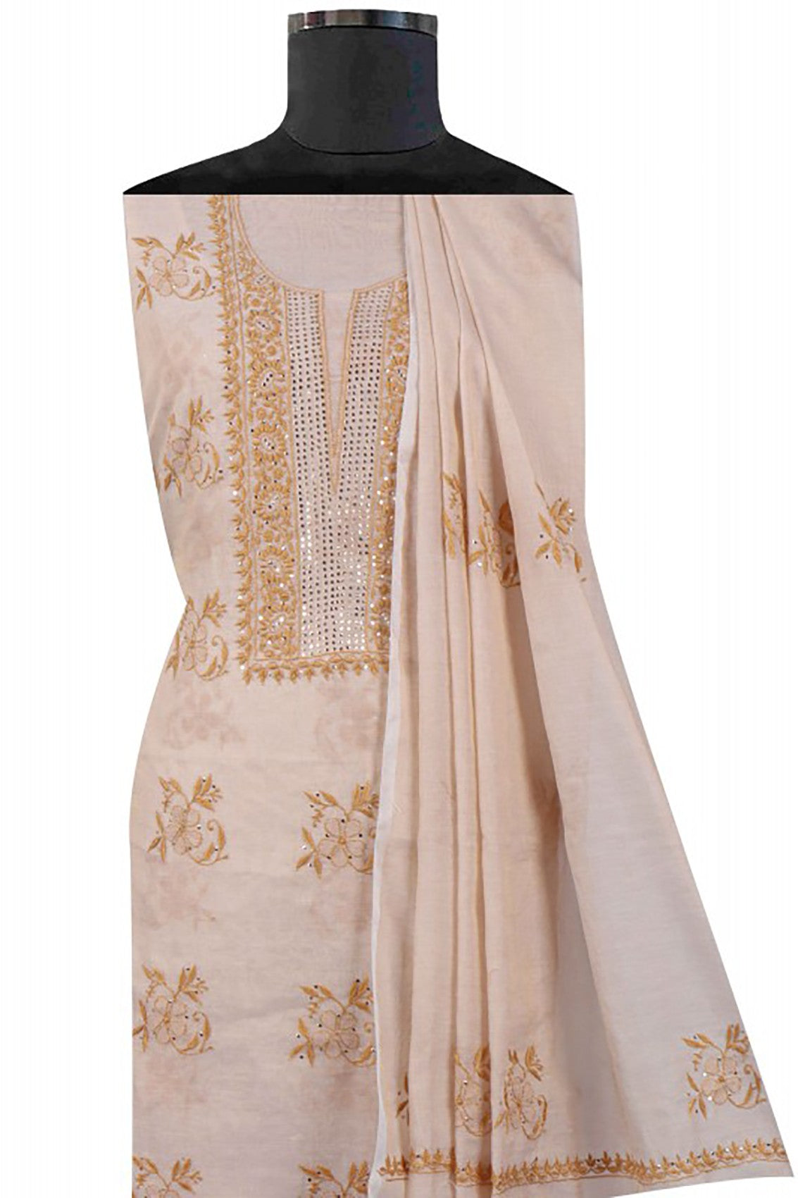 Ada Hand Embroidered Natural Fawn Tissue Lucknowi Chikankari Unstitched Suit Piece With Muqaish Work 01A27069