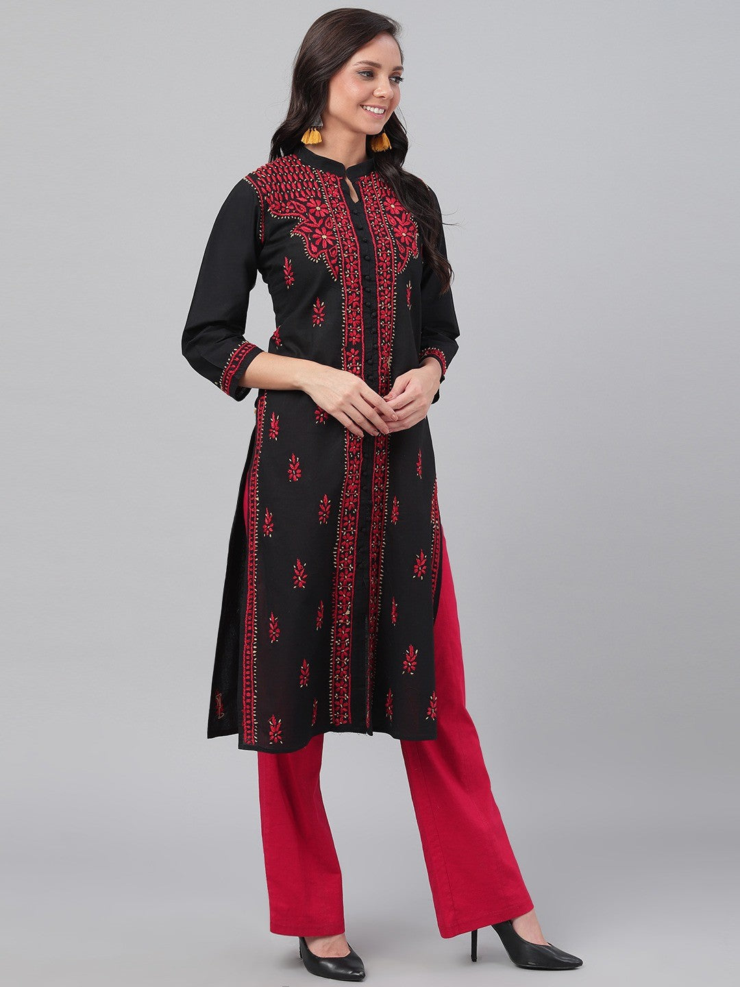 Ada Hand Embroidered Black Cotton Lucknowi Chikankari Straight Kurta A444921