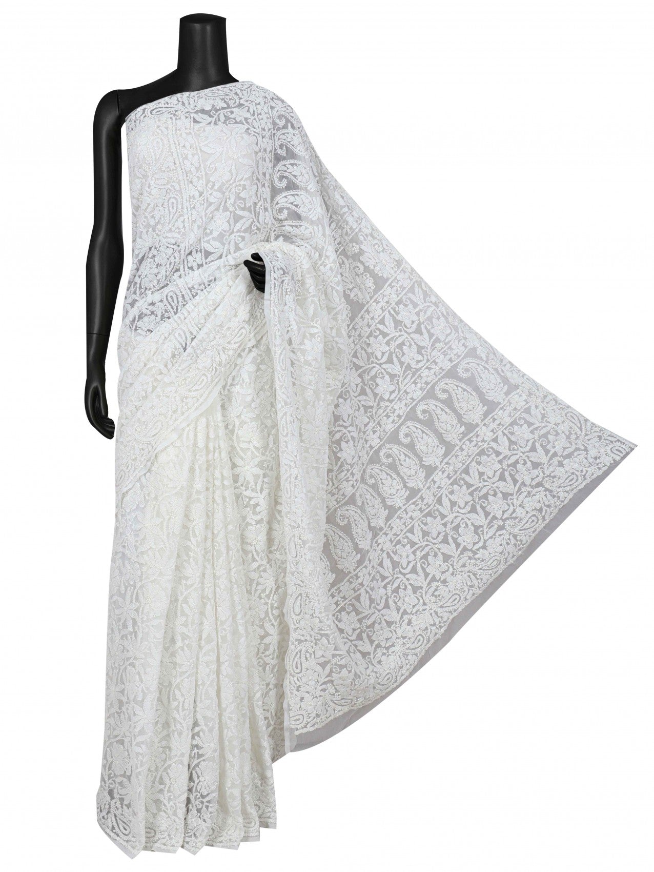 Ada Hand Embroidered White Georgette Lucknowi Chikankari Saree With Blouse 01A163902
