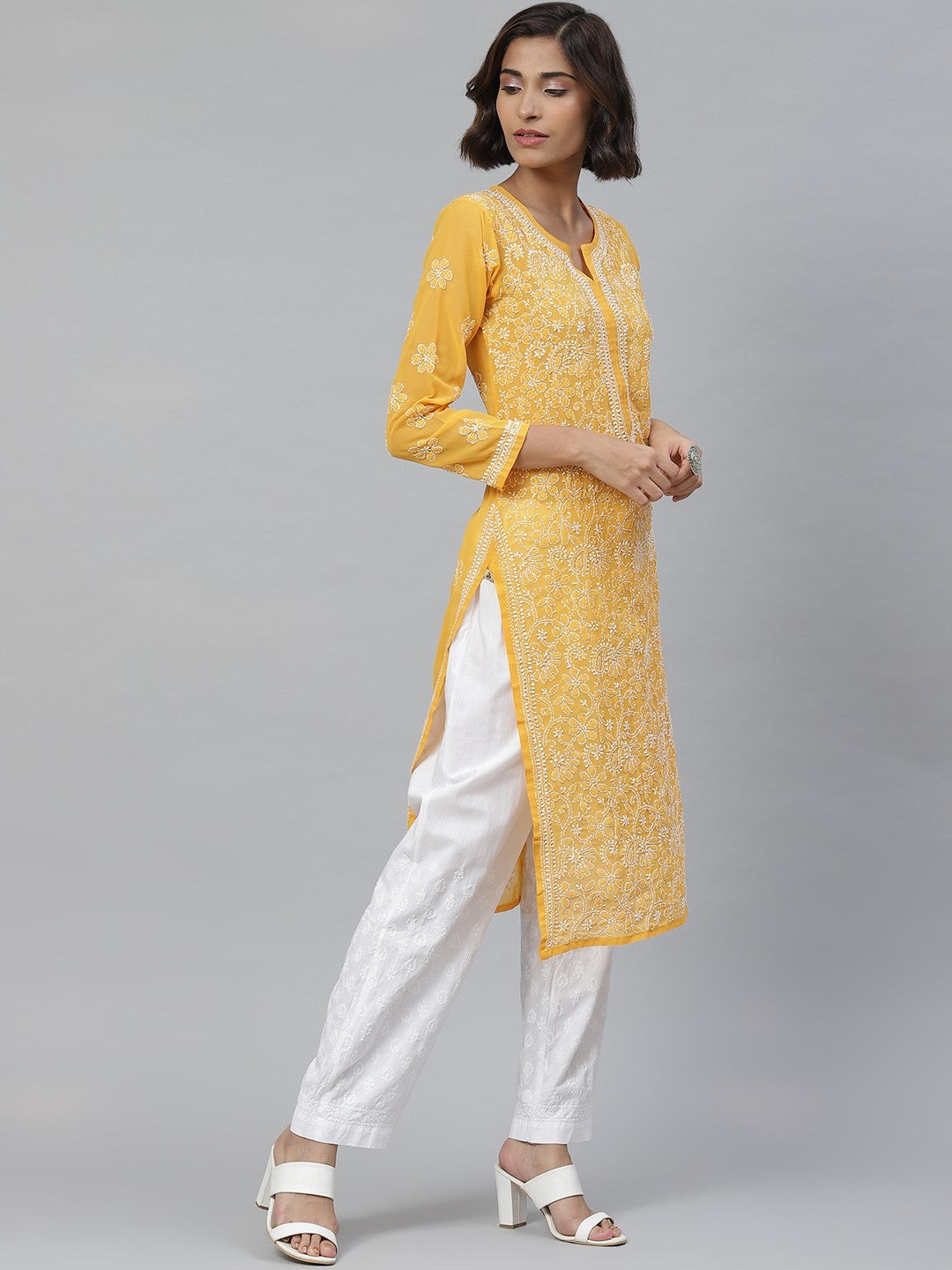 Ada Hand Embroidered Mustard Georgette Lucknowi Chikankari Straight Kurta With Palazzo A811115