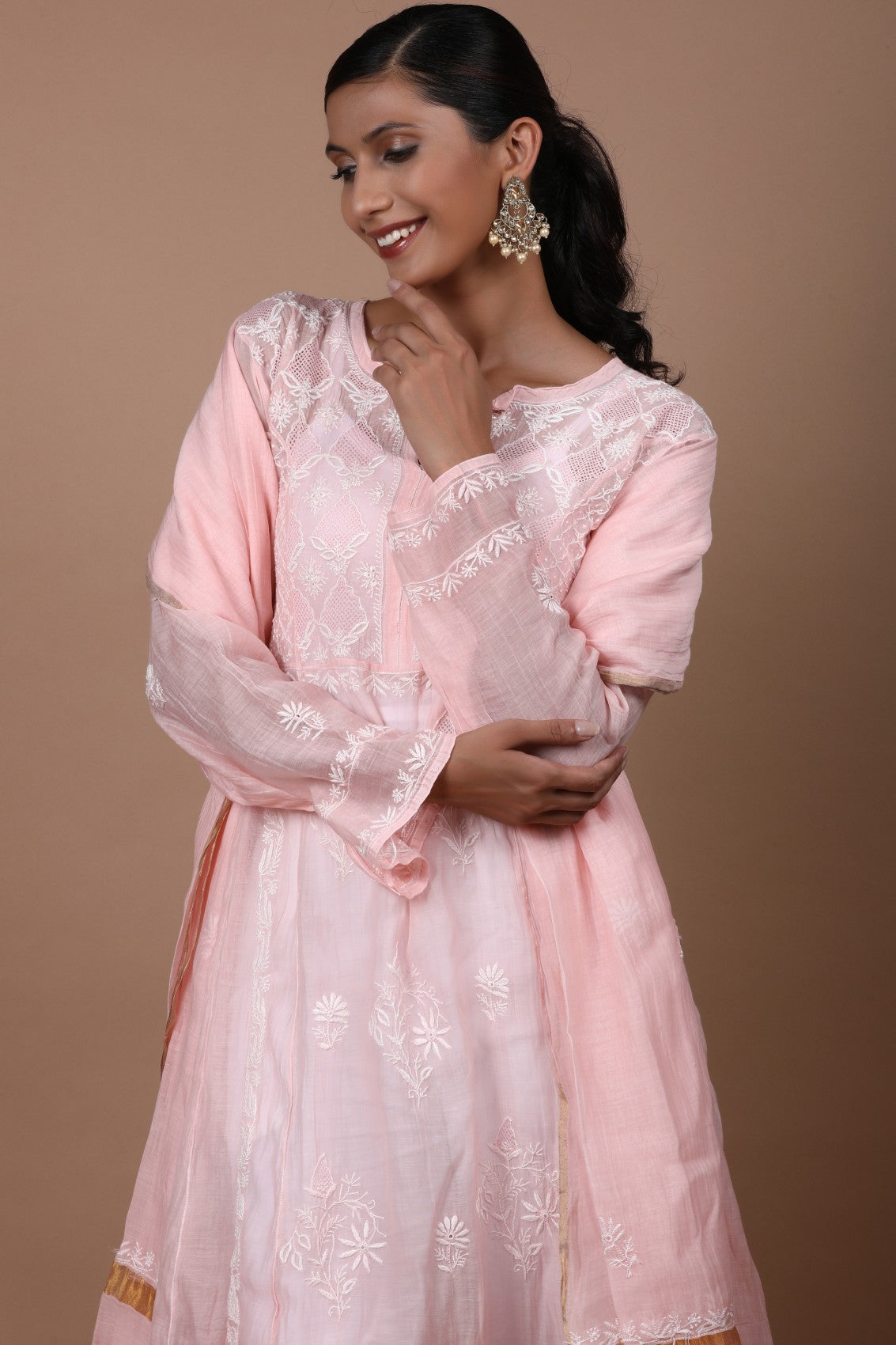 Ada Hand Embroidered Apricot Peach Chanderi Lucknowi Chikankari Semi-Stitched Anarkali Kurta Dupatta Set 01A247815