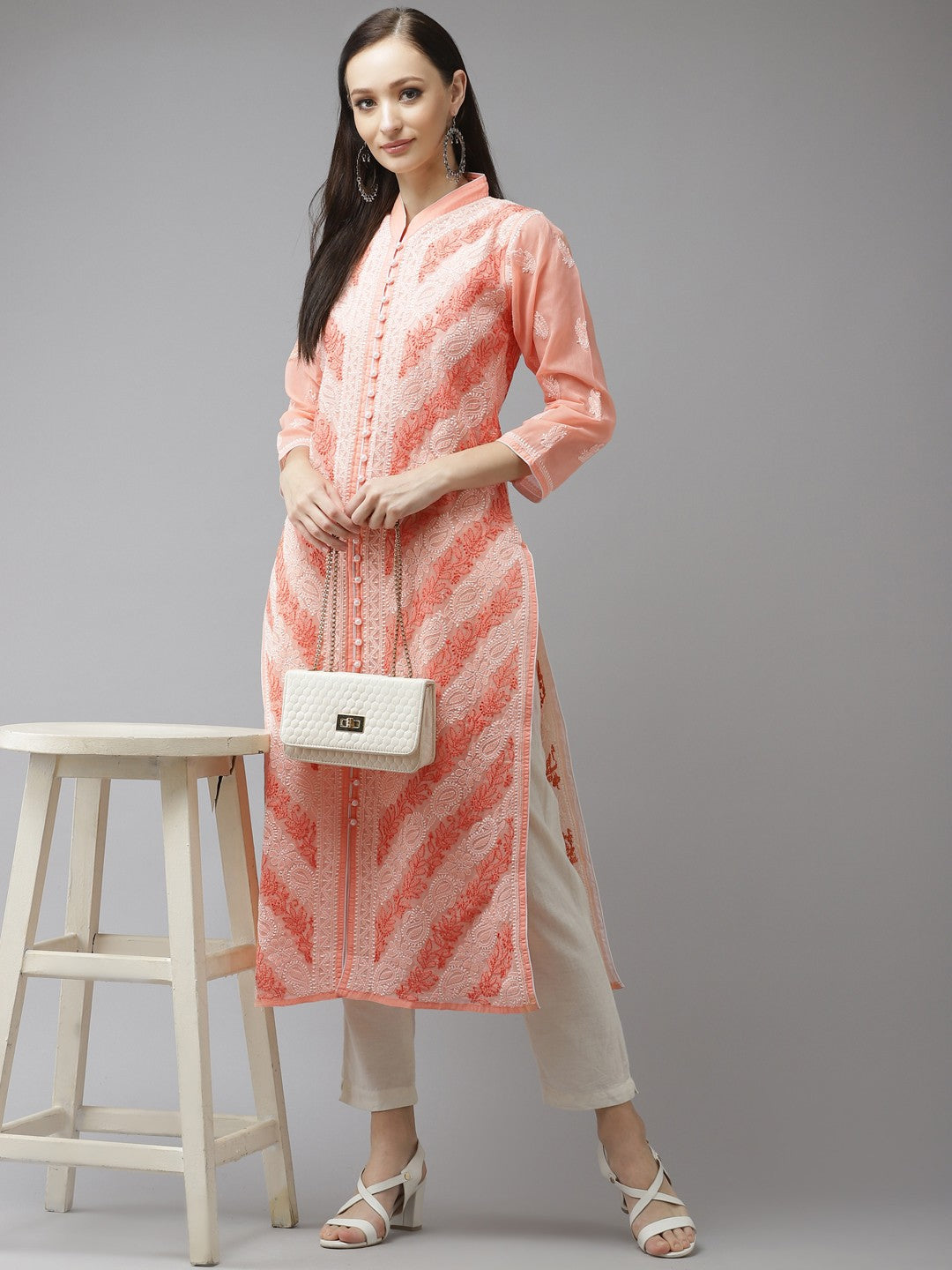Ada Hand Embroidered Peach Cotton Lucknow Chikan Kurta A411321