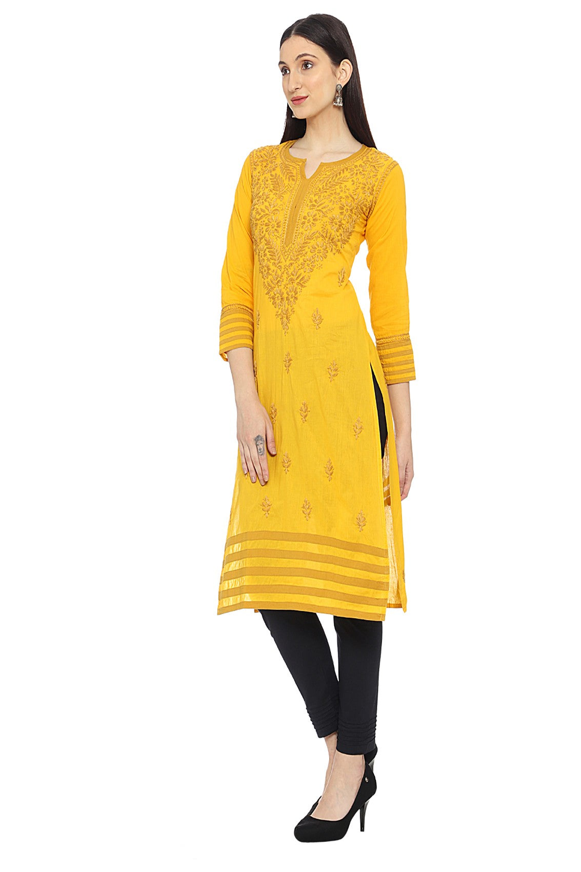 Ada Hand Embroidered Mustard/Black Cotton Lucknowi Chikankari Kurta Set A811222
