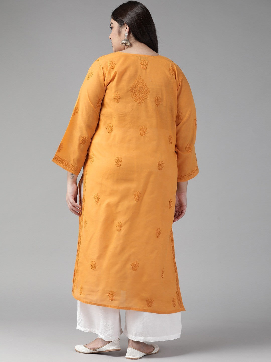 Ada Hand Embroidered Mustard Cotton Lucknowi Chikankari Straight Kurta A100366