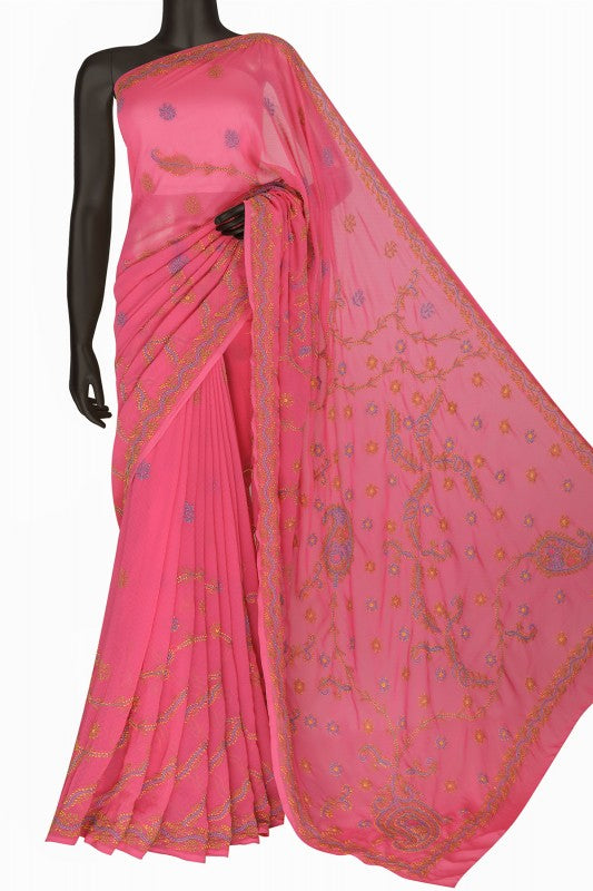 Ada Hand Embroidered Pink Georgette Lucknowi Chikankari Saree with Blouse A611436