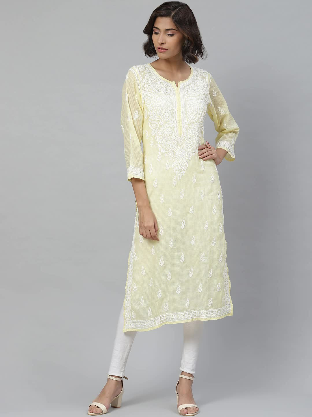 Ada Hand Embroidered Lemon Kota Lucknowi Chikankari Straight Kurta With Slip A411121