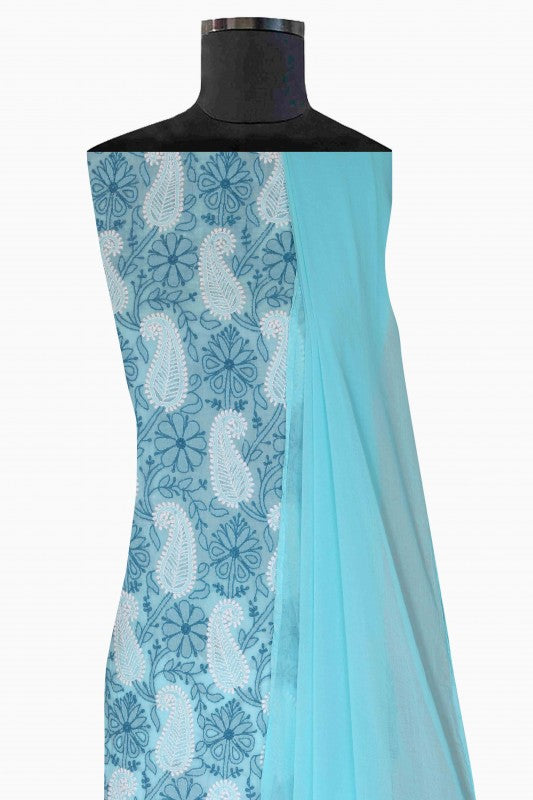 Ada Hand Embroidered Blue Cotton Lucknowi Chikan Unstitched Suit Piece-A603820