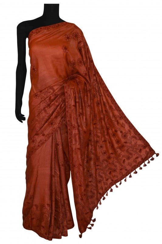 Ada Hand Embroidered Rust Tusser Silk Lucknowi Chikankari Saree With Blouse - A485266