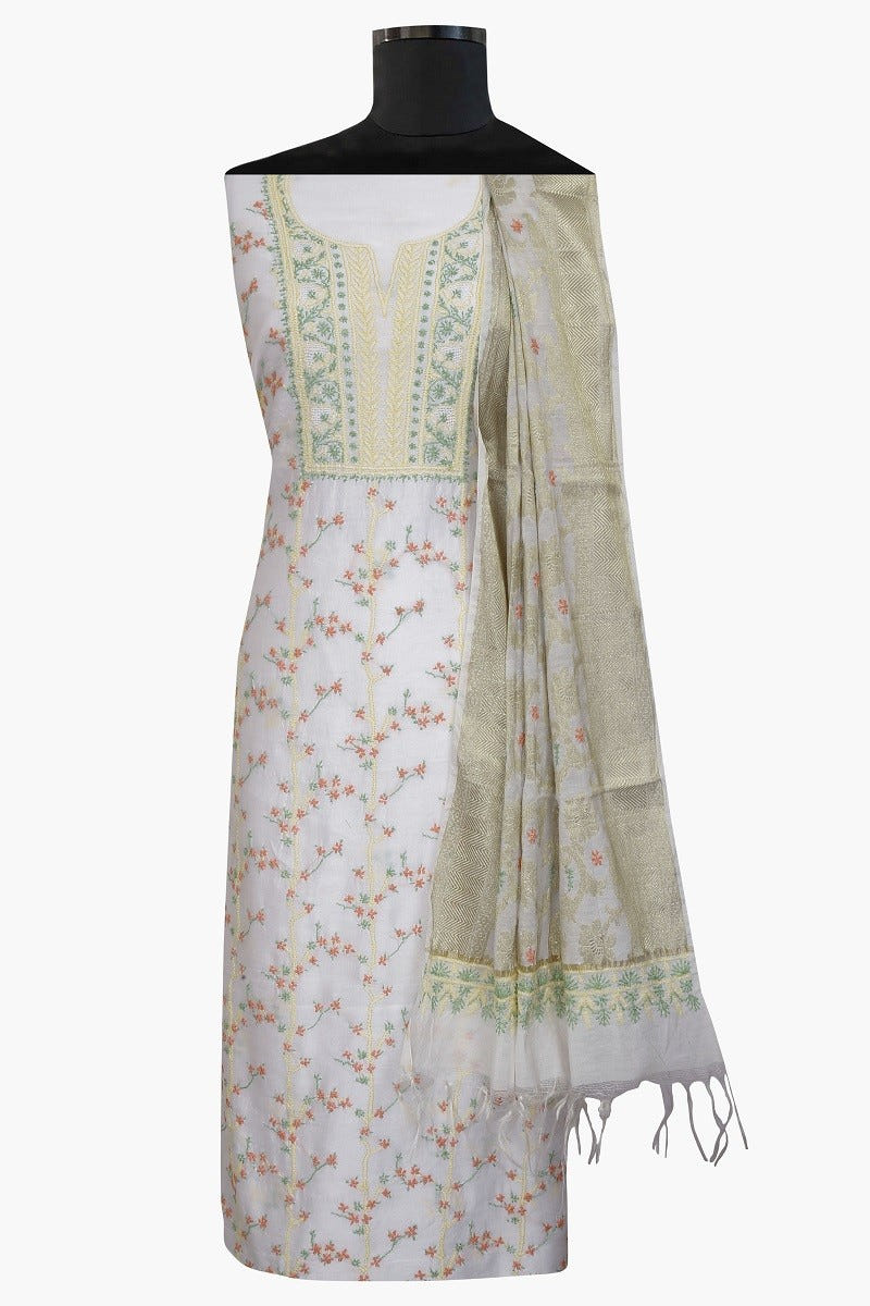Ada Hand Embroidered White Chanderi Lucknowi Chikan Unstitched Kurta Dupatta A609922