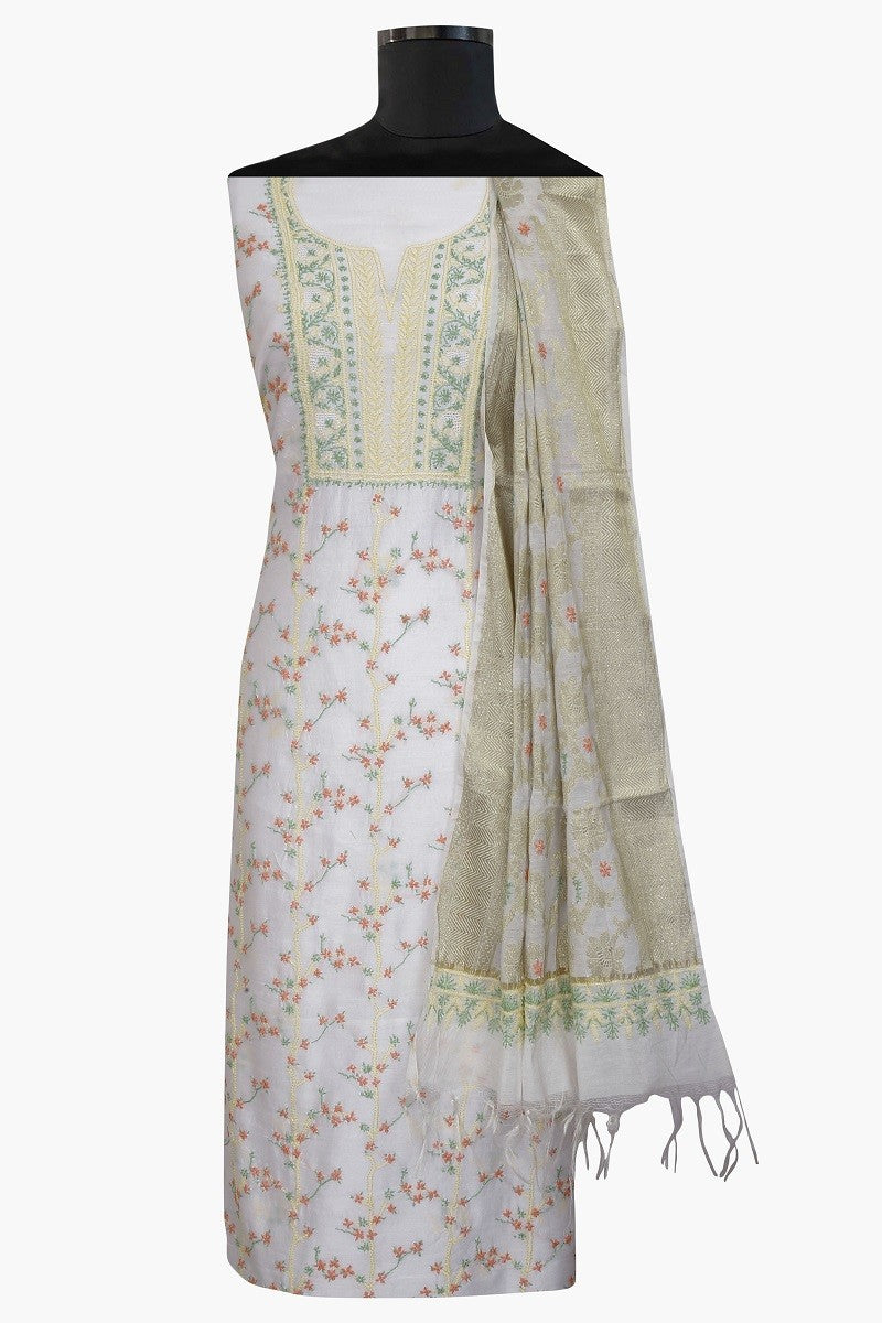 Ada Hand Embroidered White Chanderi Lucknowi Chikan Unstitched Kurta Dupatta A609922