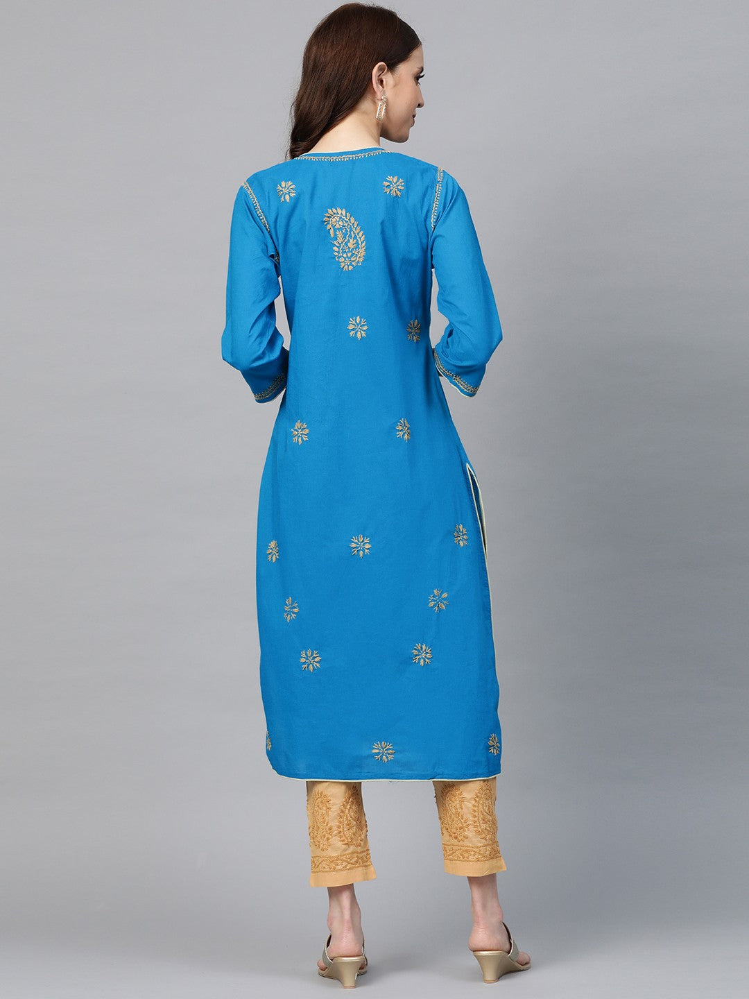 Ada Hand Embroidered Blue Cotton Lucknowi Chikankari Straight Kurta With Trouser Set A811118