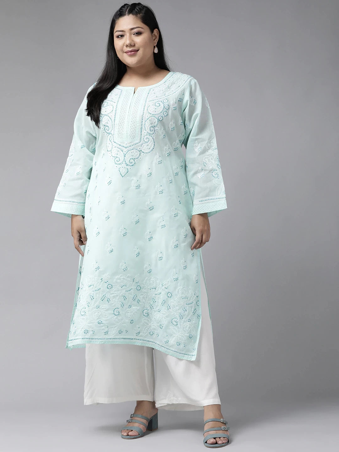 Ada Hand Embroidered Blue Cotton Lucknowi Chikankari Straight Kurta A227196