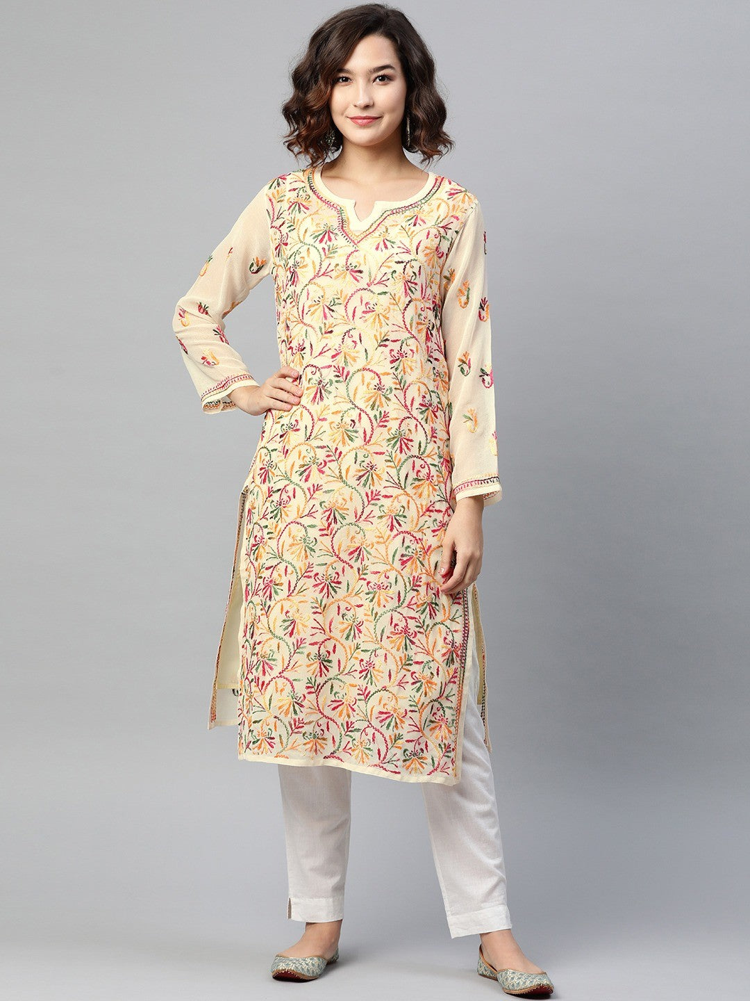 Ada Hand Embroidered Fawn Georgette Lucknowi Chikankari Straight Kurta With Slip A90318