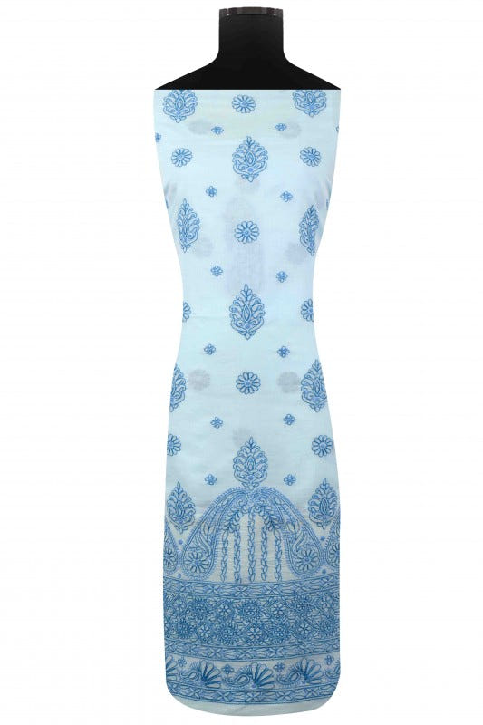 Ada Hand Embroidered Blue Cotton Lucknowi Chikan Unstitched Suit Piece A176919