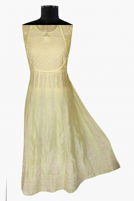 Ada Hand Embroidered Lemon Chanderi Lucknowi Chikankari Semi-Stitched Anarkali Kurta Dupatta Set With Muqaish Work A559713