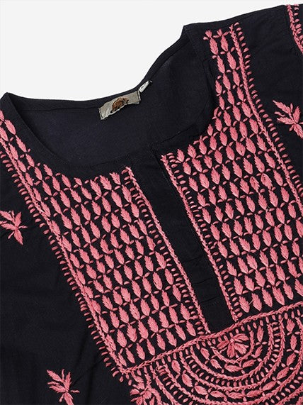 Ada Hand Embroidered Black Cotton Lucknowi Chikankari Straight Kurti A911112
