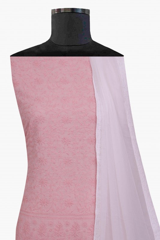 Ada Hand Embroidered Blush Pink/White Cotton Lucknowi Chikan Unstitched Suit Piece A605678
