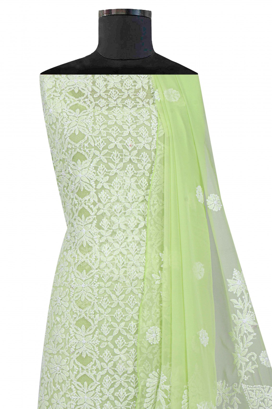 Ada Hand Embroidered Parrot Green Georgette Lucknowi Chikankari Unstitched Suit Piece 01A151166