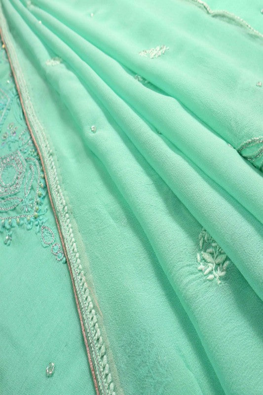 Ada Hand Embroidered Sea Green Cotton Lucknowi Chikan Unstitched Kurta Dupatta Set With Zari Work A166450