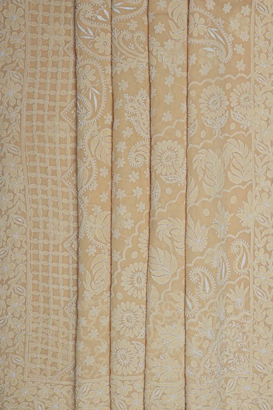 Ada Hand Embroidered Fawn Pure Georgette Lucknowi Chikankari Saree With Blouse- A425224