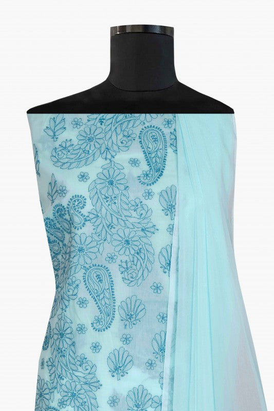 Ada Hand Embroidered Light Blue Cotton Lucknowi Chikan Unstitched Suit Piece A211121