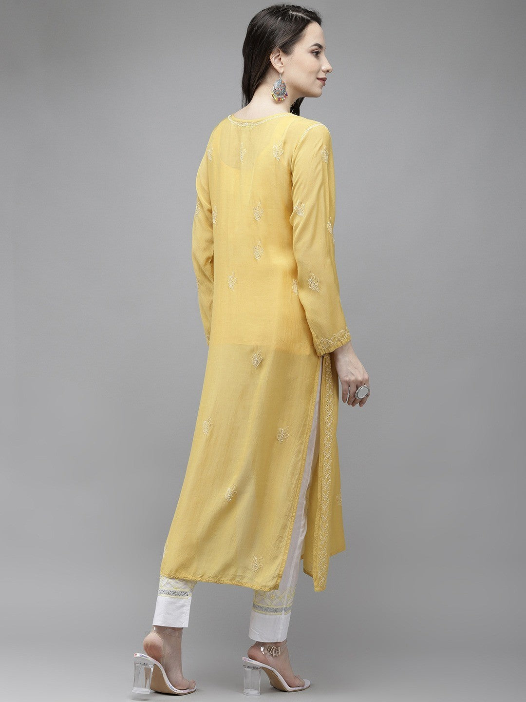 Ada Hand Embroidered Lime Green Muslin Lucknowi Chikankari Straight Kurta With Muqaish Work A411301