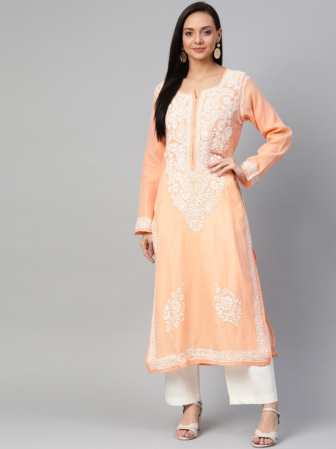 Ada Hand Embroidered Peach Chanderi Lucknowi Chikankari Straight Kurta A100484