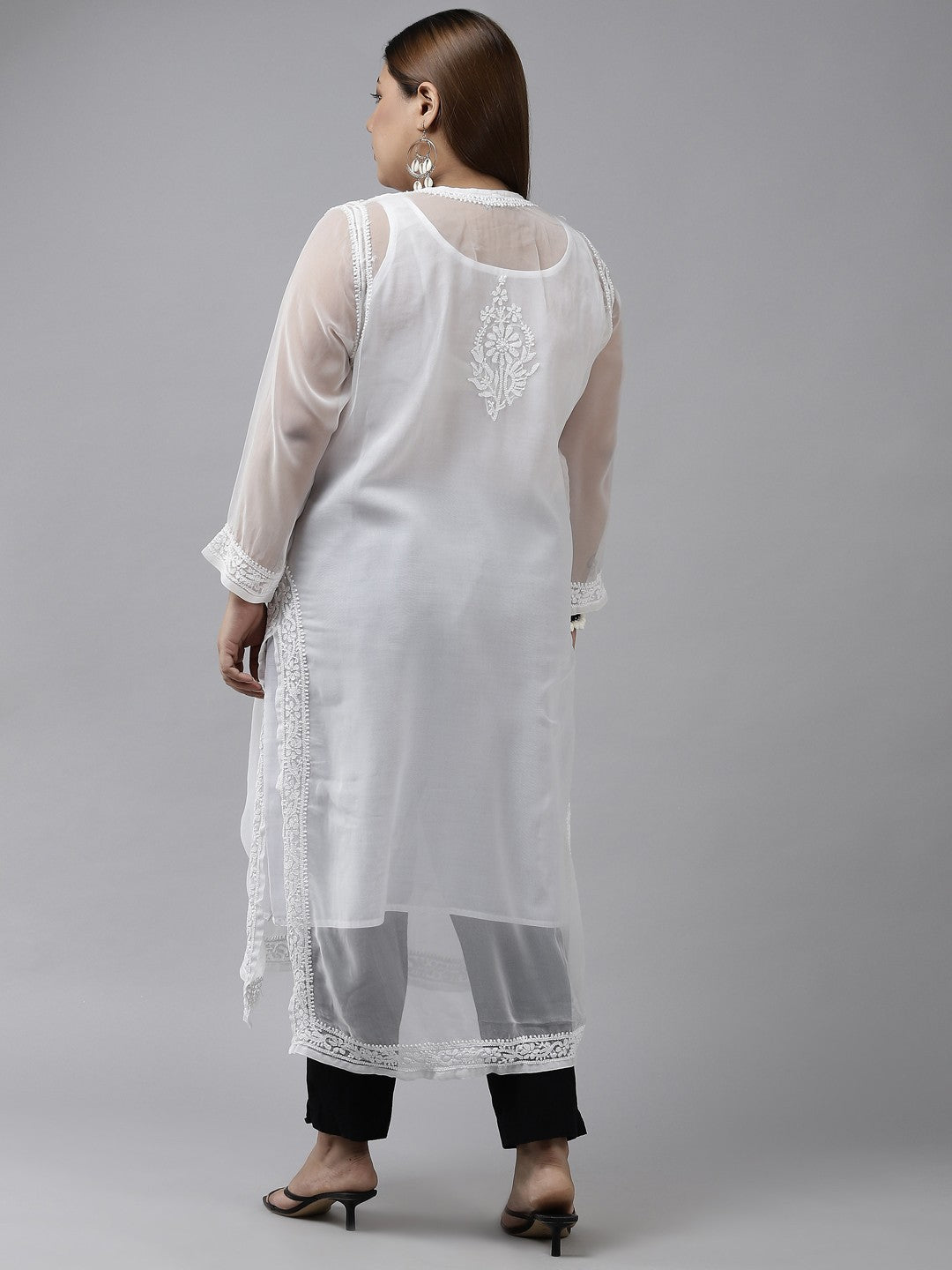 Ada Hand Embroidered White Georgette Lucknow Chikan Straight Kurta With Slip A411296