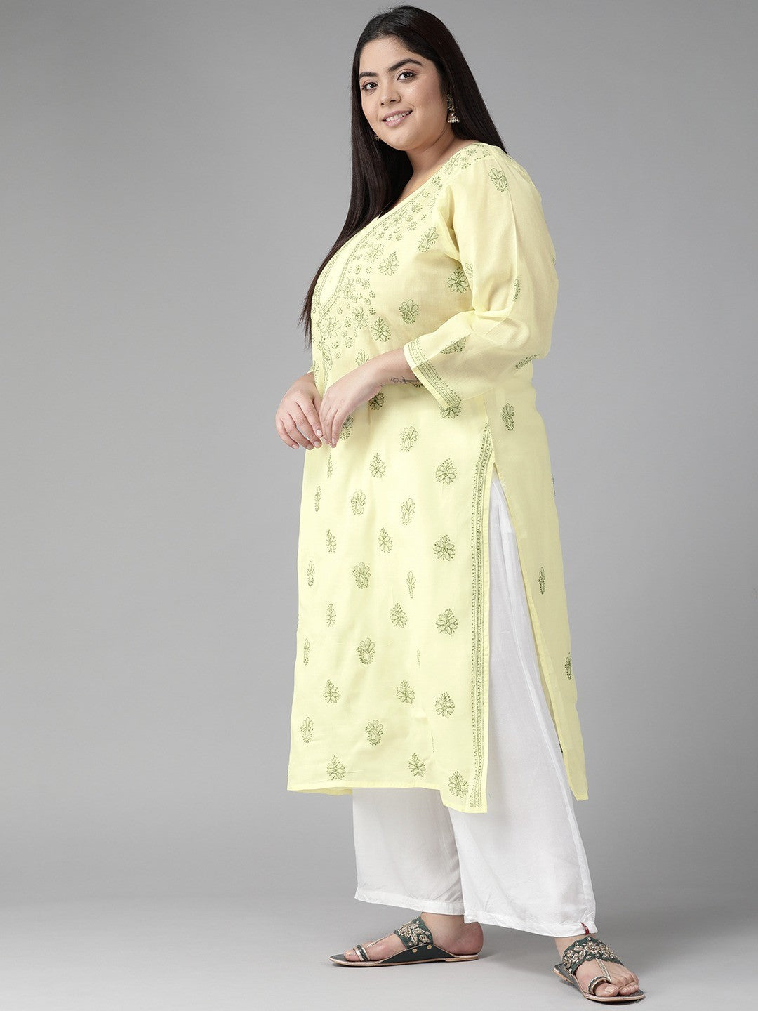 Ada Hand Embroidered Lemon Cotton Lucknowi Chikankari Straight Kurta A275710
