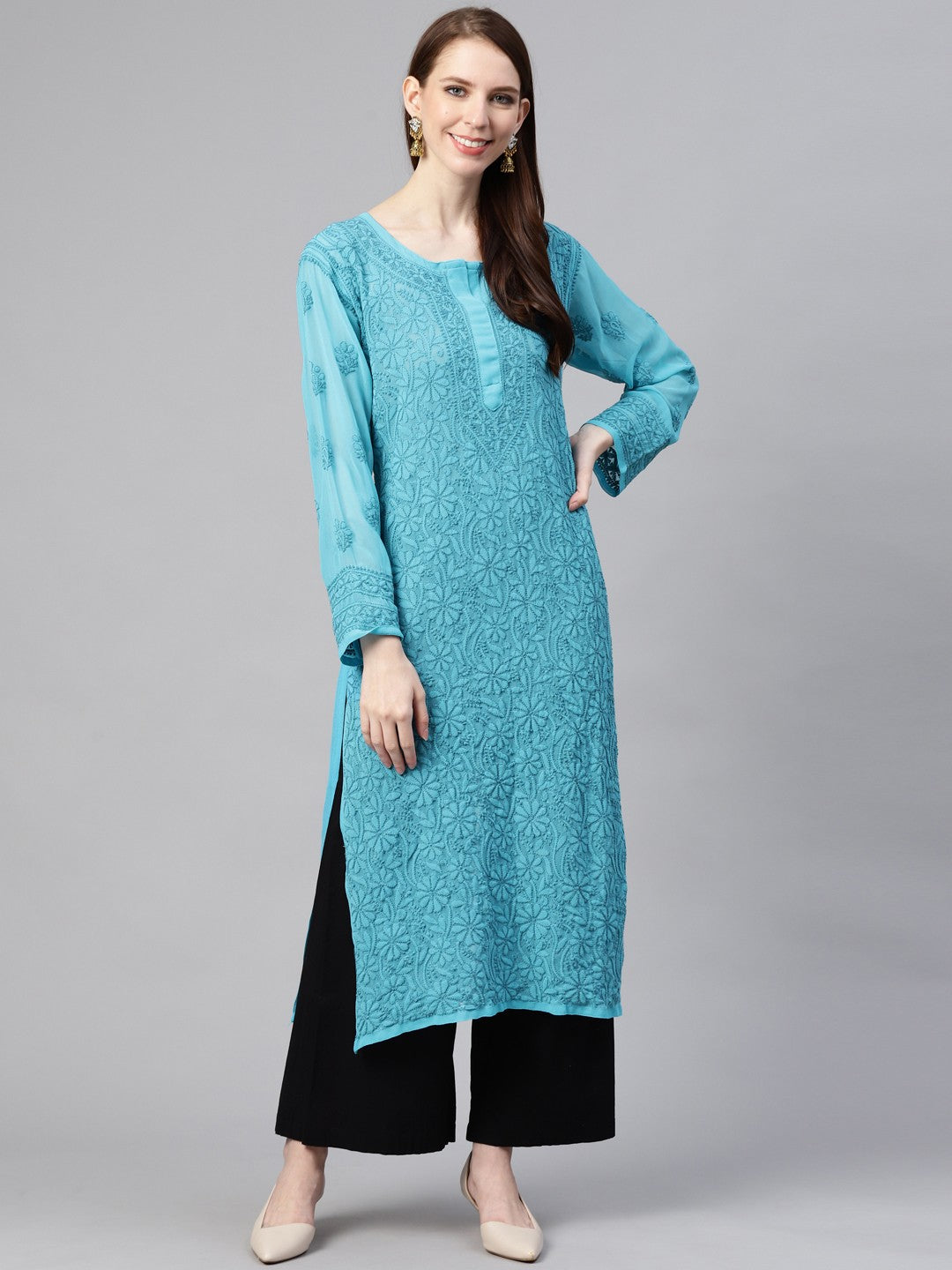 Ada Hand Embroidered Blue Georgette Lucknow Chikankari Straight Kurta A100588