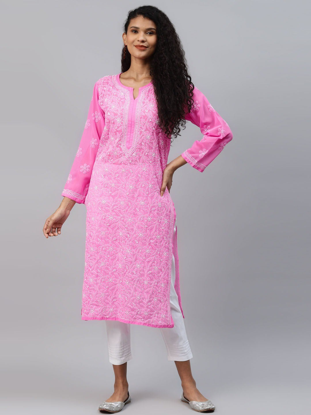 Ada Hand Embroidered Pink Georgette Lucknowi Chikankari Straight Kurta Set A811202