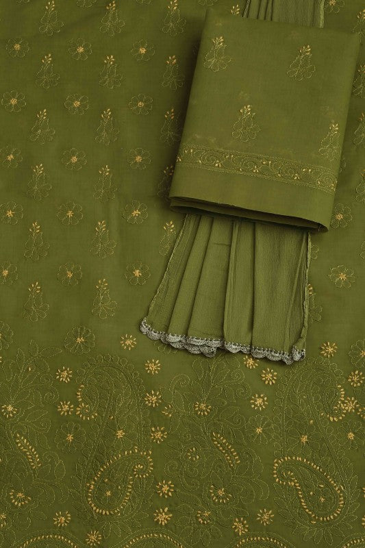 Ada Hand Embroidered Green Cotton Lucknowi Chikan Unstitched Suit Piece–A100250