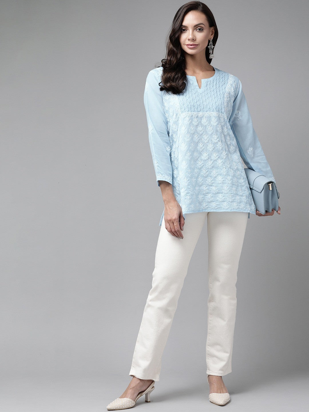 Ada Hand Embroidered Sky Blue Cotton Lucknowi Chikankari Short Kurti A911217