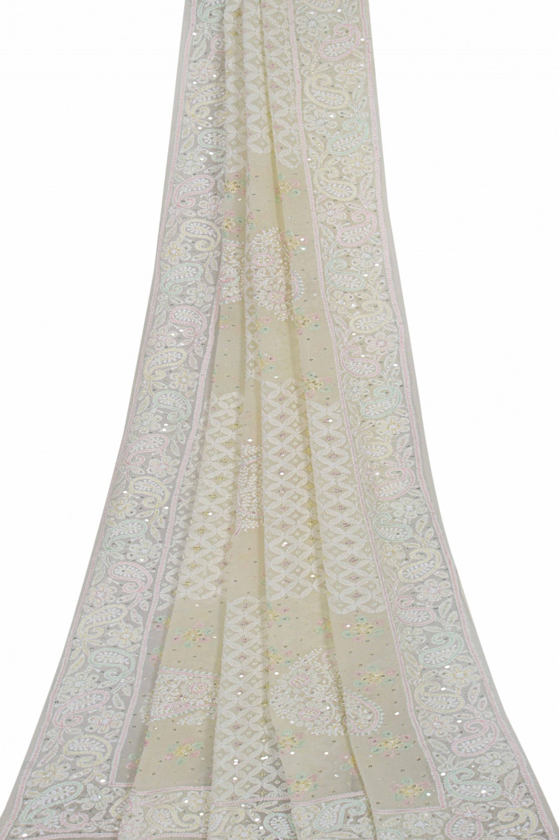 Ada Hand Embroidered Pale Yellow Pure Georgette Lucknowi Chikankari Dupatta With Cutdana Work 01A162505