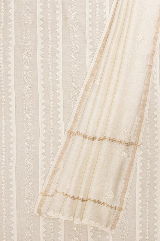 Ada Hand Embroidered Cream Chanderi Lucknowi Chikan Unstitched Kurta Dupatta Piece- A497234