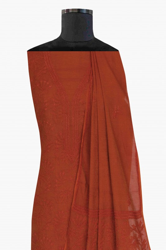 Ada Hand Embroidered Rust Tissue Lucknowi Chikan Unstitched Kurta Dupatta Set-A62147
