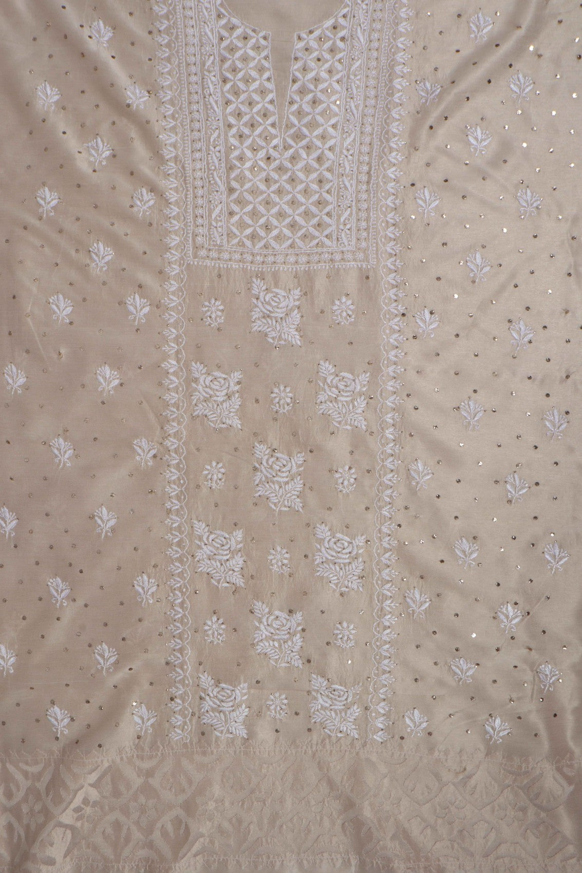 Ada Hand Embroidered Fawn Silk Lucknowi Chikankari Unstitched Kurta Dupatta Set With Muqaish Work 01A243066