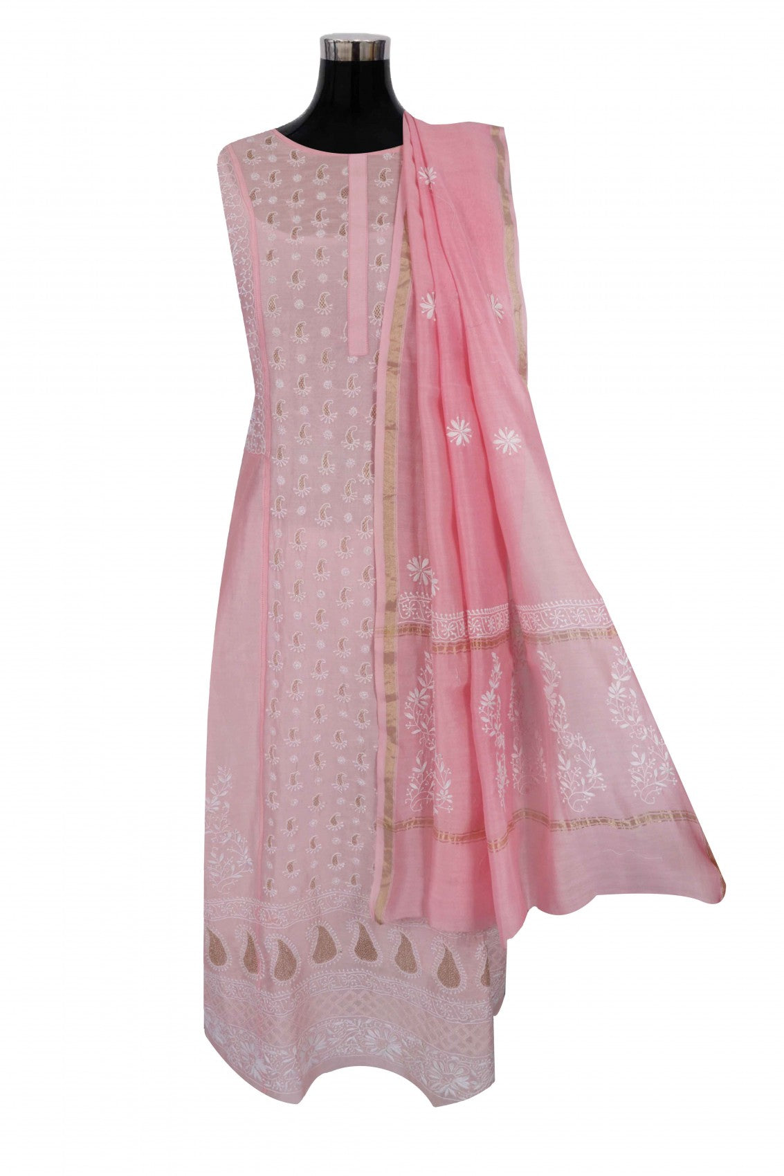 Ada Hand Embroidered Powder Pink Chanderi Lucknowi Chikankari Semi-Stitched Anarkali Kurta Dupatta Set With Zari Work 01A248288
