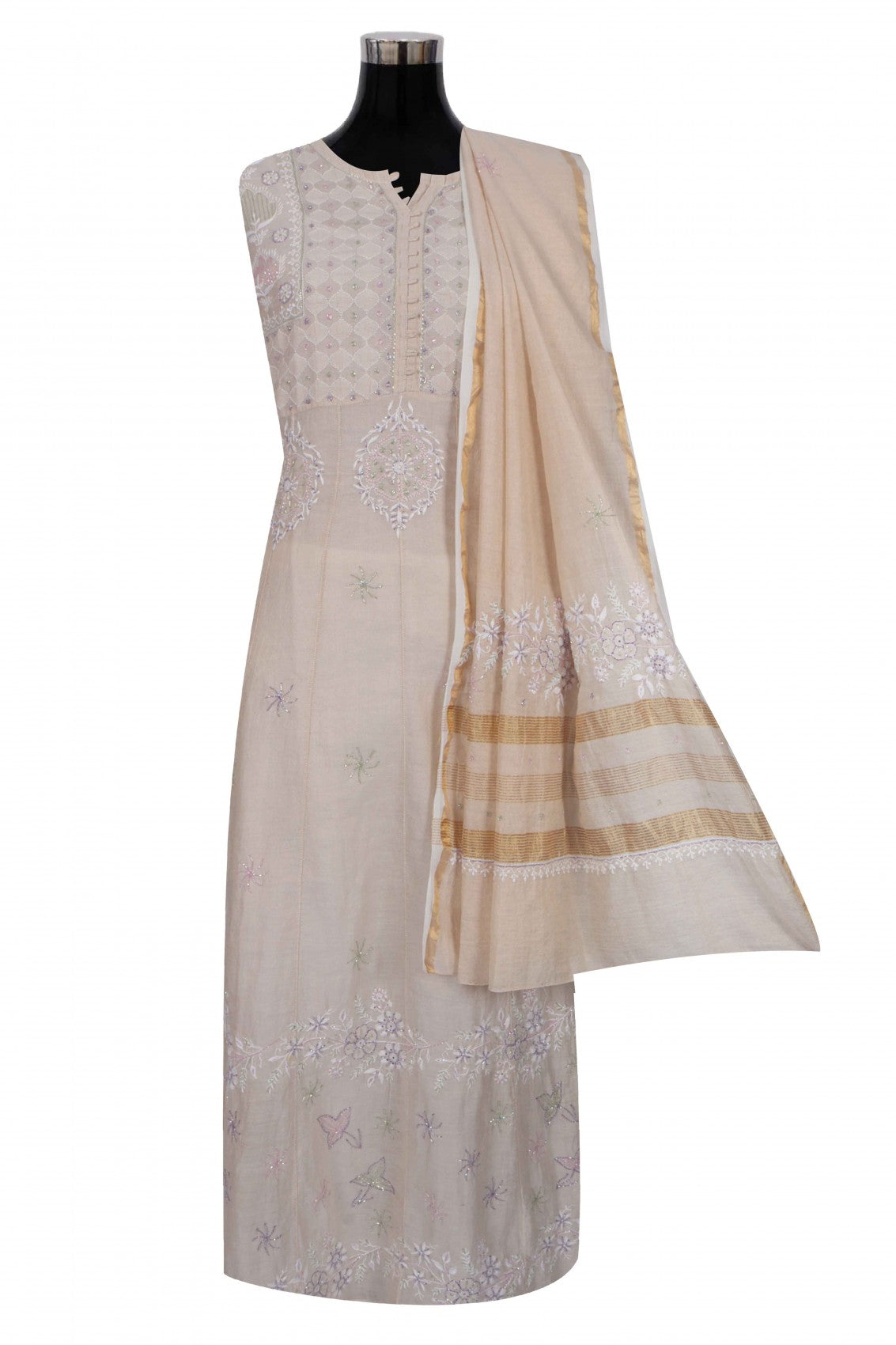 Ada Hand Embroidered Natural Fawn Tissue Lucknowi Chikankari Semi-Stitched Anarkali Kurta Dupatta Set With Cutdana Work 01A187880
