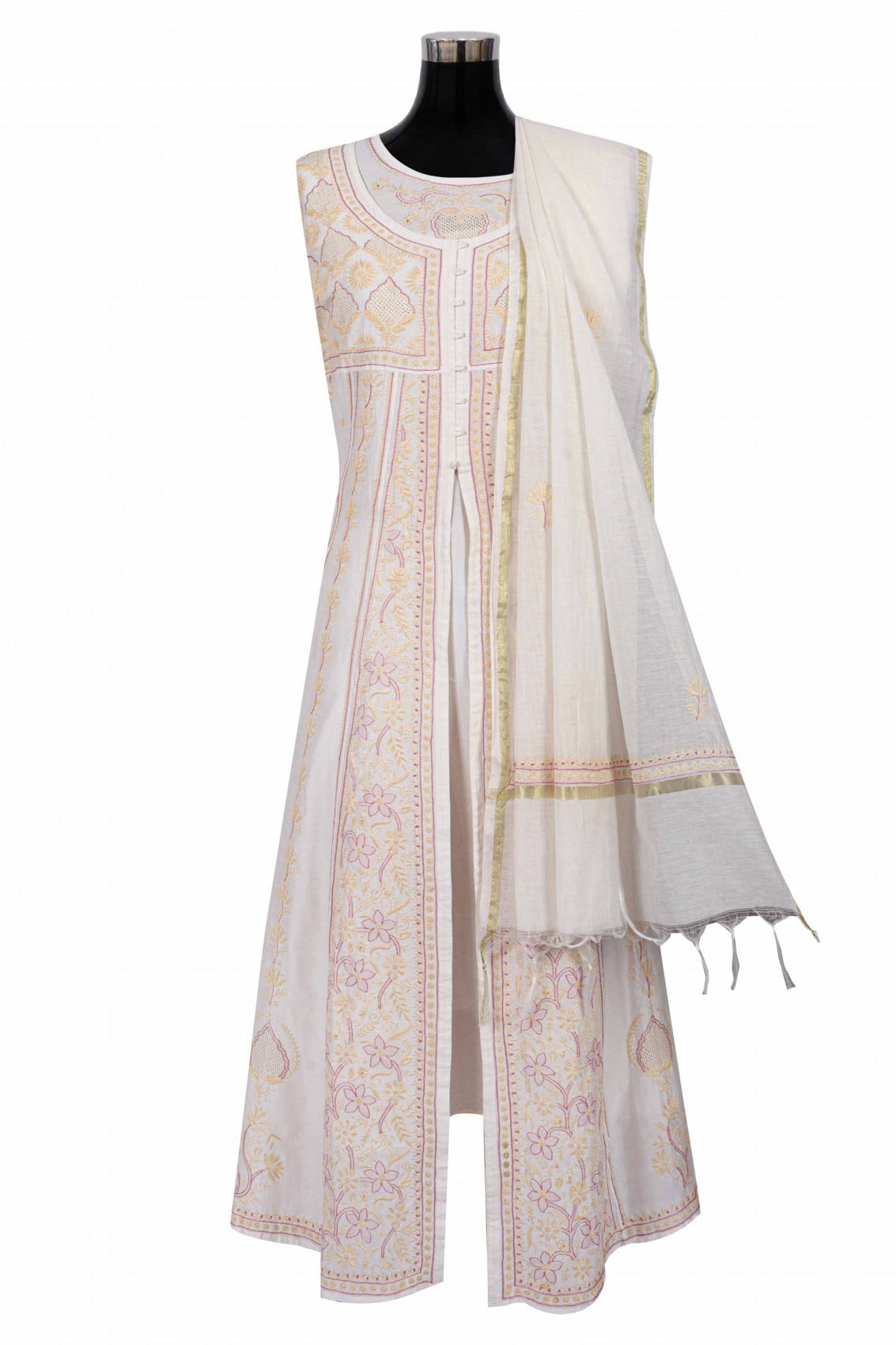 Ada Hand Embroidered Cream Chanderi Lucknowi Chikankari Semi-Stitched Anarkali Kurta Dupatta Set 01A223202
