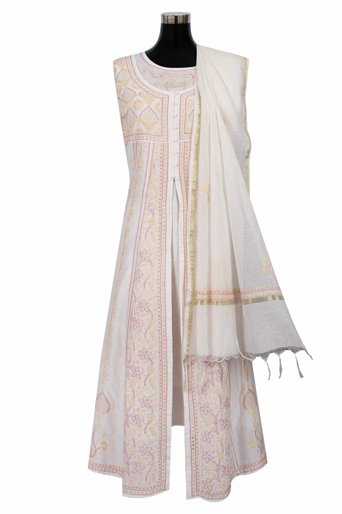 Ada Hand Embroidered Cream Chanderi Lucknowi Chikankari Semi-Stitched Anarkali Kurta Dupatta Set 01A223202
