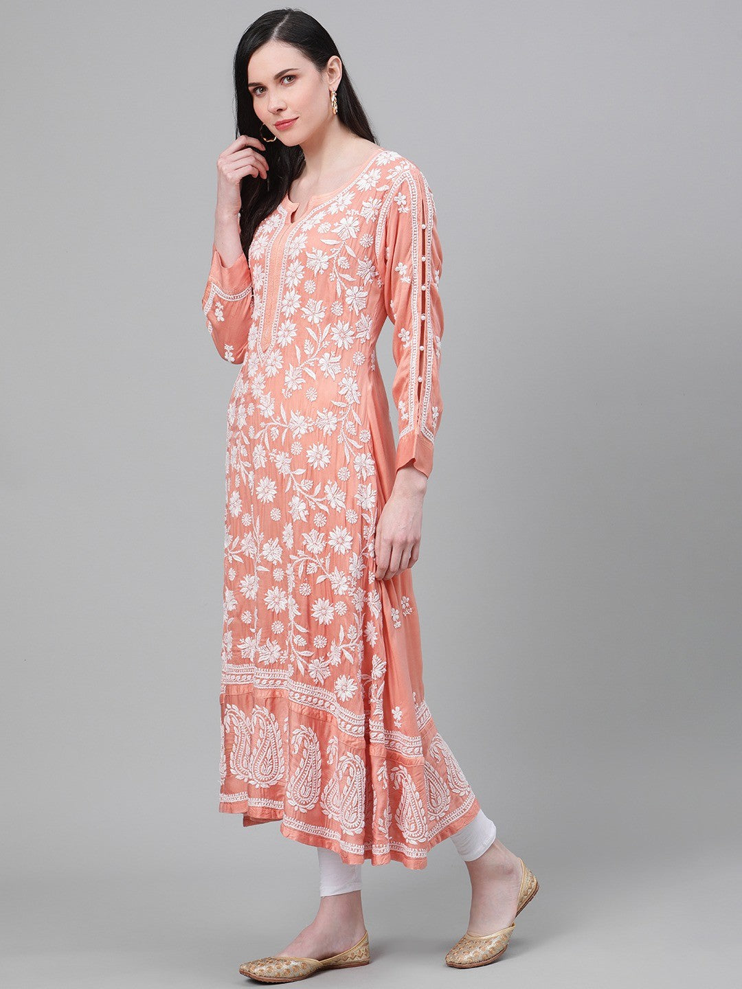 Ada Hand Embroidered Peach Satin Lucknow Chikankari Kurta-A411143
