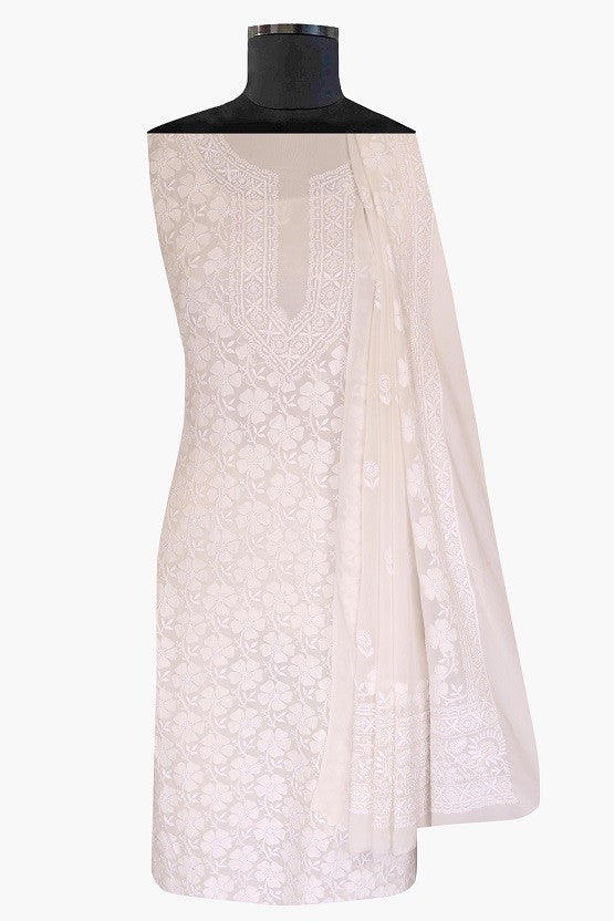 Ada Hand Embroidered White Pure Georgette Lucknowi Chikan Unstitched Kurta Dupatta Set A94855