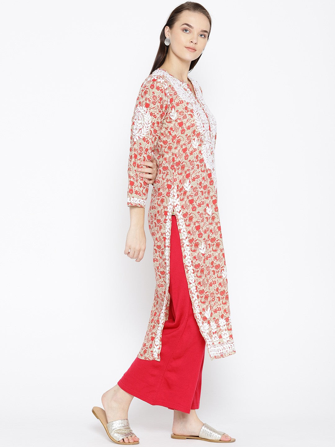Ada Hand Embroidered Fawn Red Cotton Lucknowi Chikankari Straight Kurta- A100039