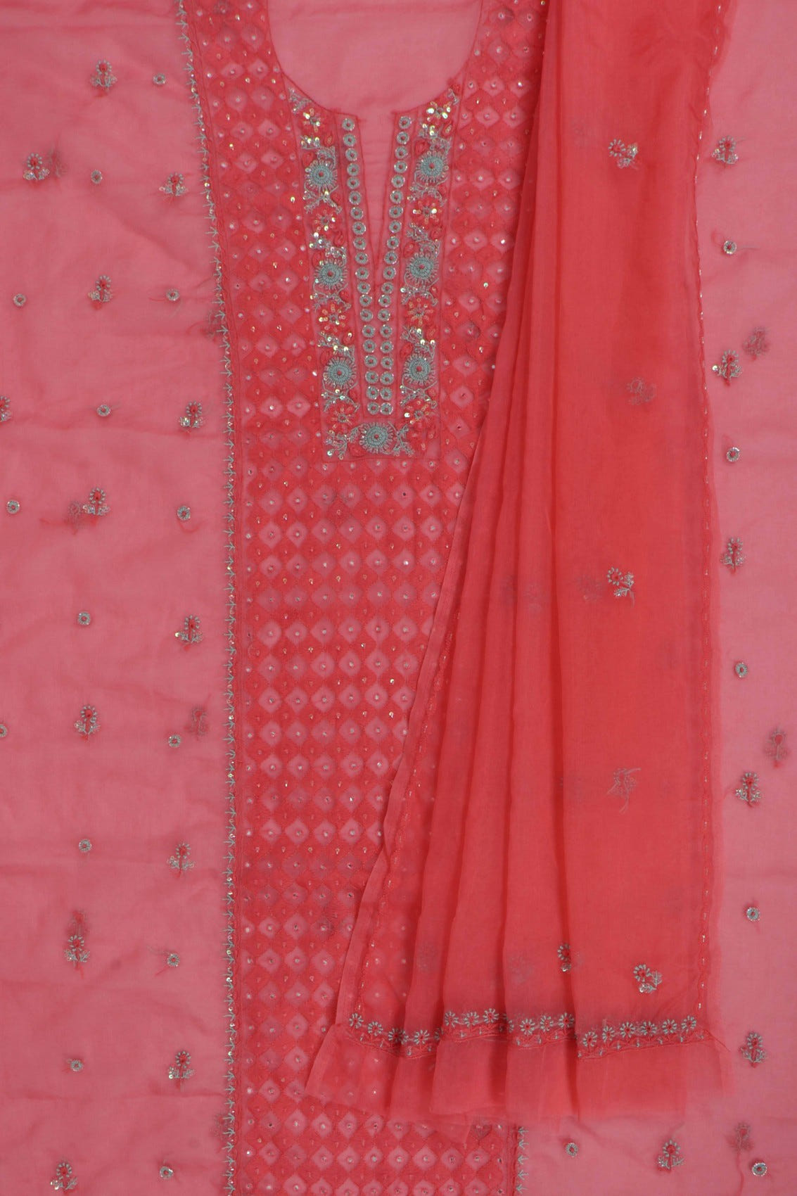 Ada Hand Embroidered Carrot Pink Organza Lucknowi Chikankari Unstitched Kurta Dupatta Set With Cutdana Work 01A121931