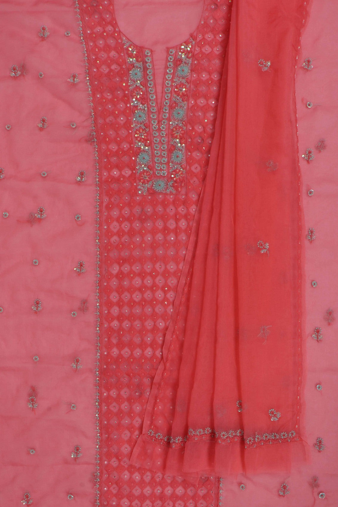 Ada Hand Embroidered Carrot Pink Organza Lucknowi Chikankari Unstitched Kurta Dupatta Set With Cutdana Work 01A121931