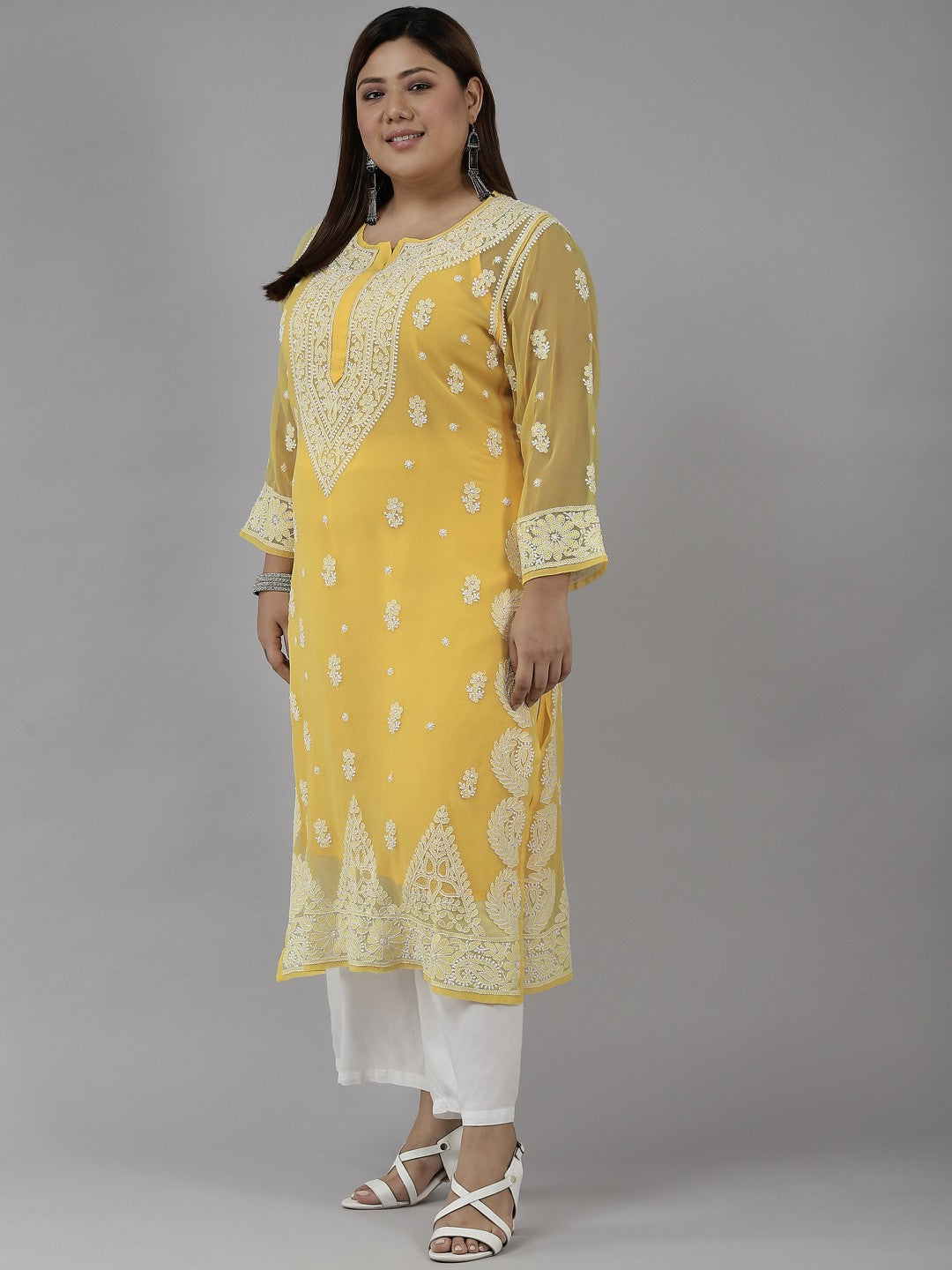 Ada Hand Embroidered Yellow Georgette Lucknowi Chikankari Straight Kurta With Slip A411195