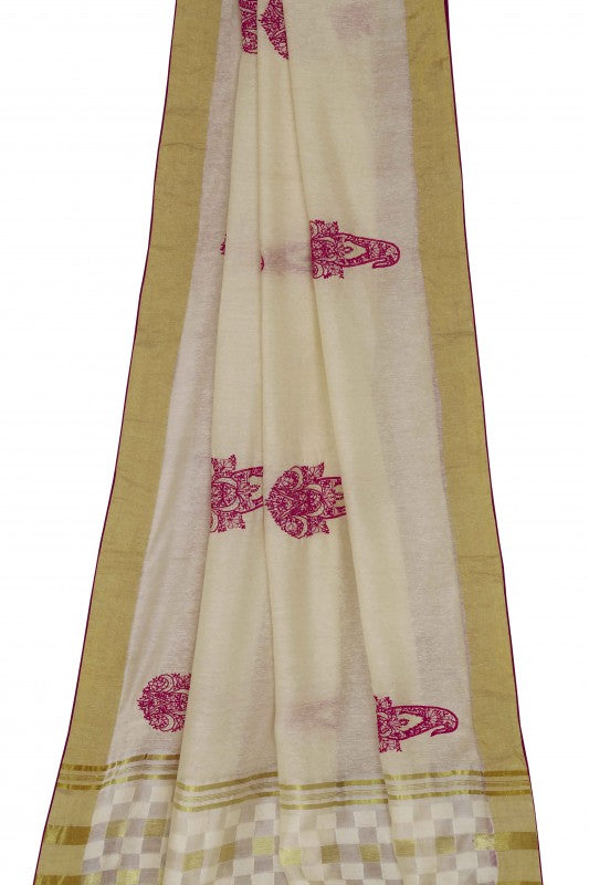Ada Hand Embroidered Cream Chanderi Lucknowi Chikankari Saree With Blouse A102252
